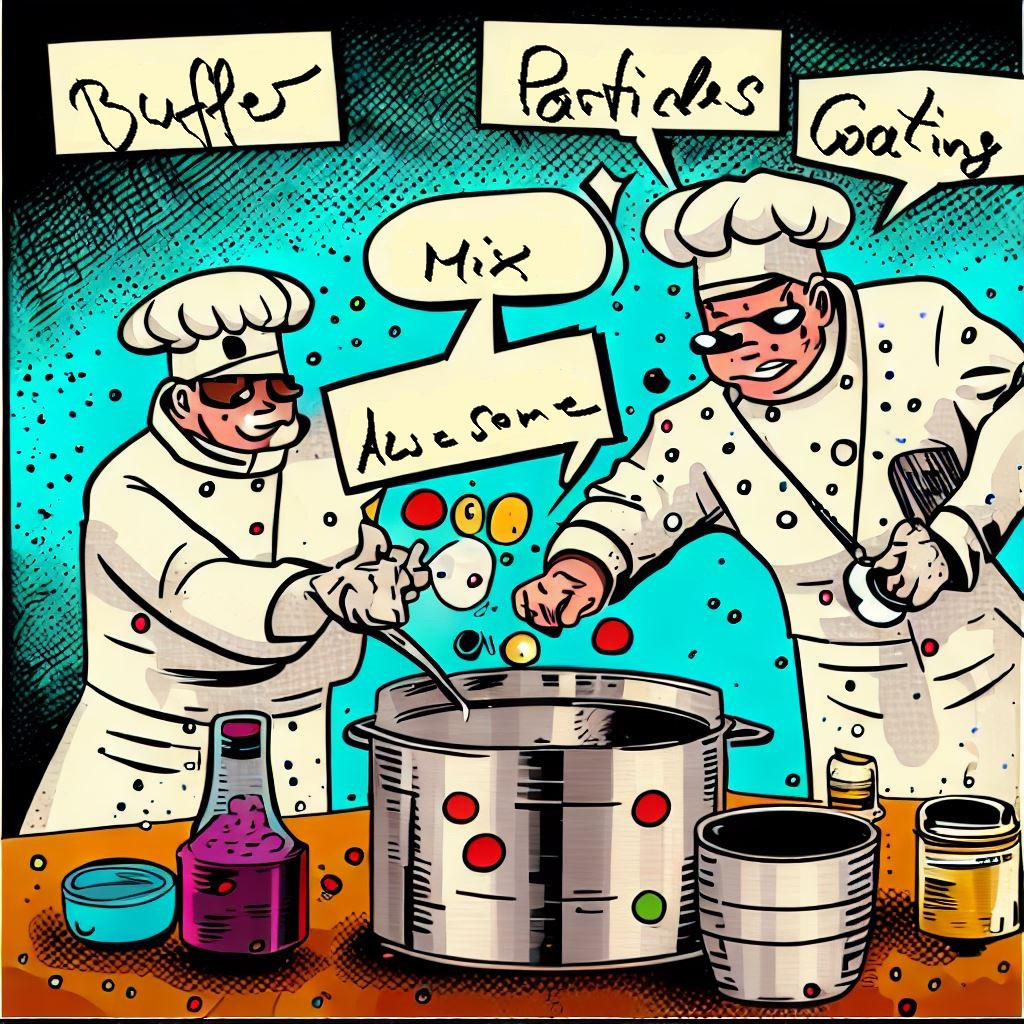 Comic characters as chefs in a kitchen, mixing ingredients labeled as 'Detection Particles,' 'Coating,' and 'Buffer,' showing the intricacies of the process.