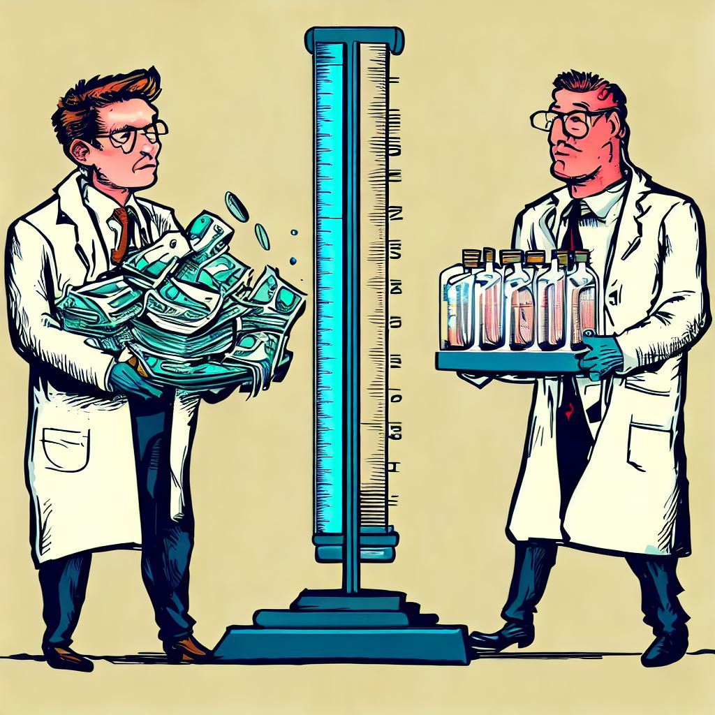 A scientist and a businessman weighing a scale that has test tubes on one side and dollar bills on the other, illustrating the pros and cons of in-house vs. outsourcing.