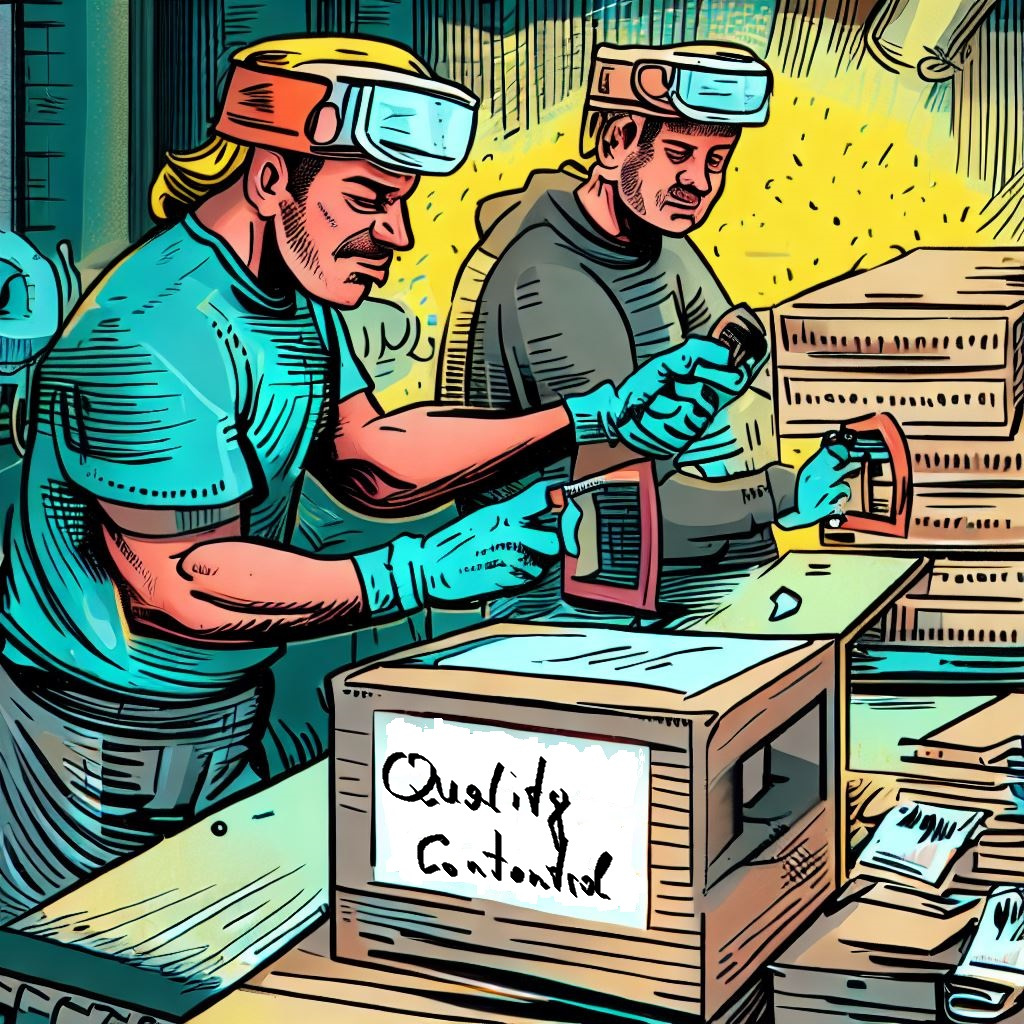 Comic characters in a factory setting, assembling cassettes and packaging them, with thought bubbles showing considerations like 'Quality Control' and 'Costs.