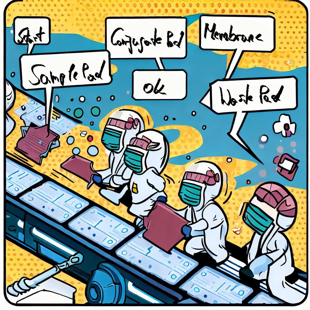 A comic assembly line with characters placing different components like 'Sample Pad,' 'Conjugate Pad,' and 'Membrane' onto a conveyor belt, leading to a finished lateral flow test.