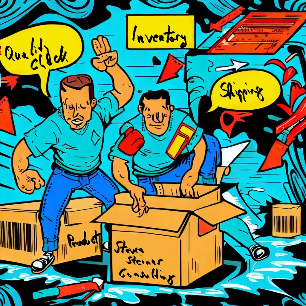 Comic characters packing a box labeled 'Lateral Flow Test Kit,' with signs around them indicating 'Quality Check,' 'Inventory,' and 'Shipping.